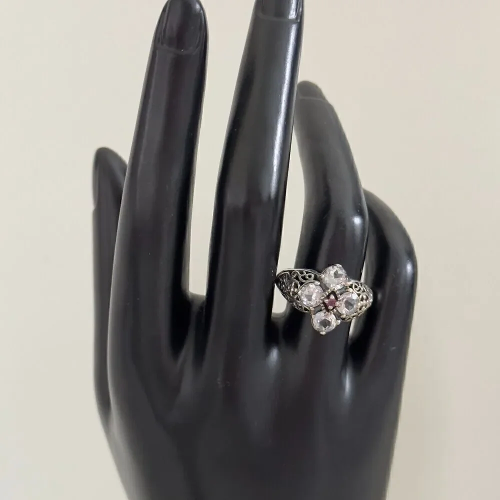 CNA Designer 925 Sterling Silver White Topaz & Ruby Filigree Flower Ring Size 8